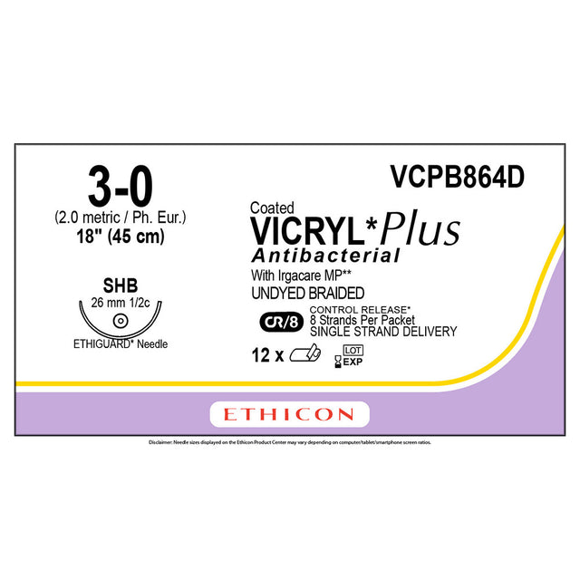 Ethicon COATED VICRYL Plus Antibacterial Suture, Size: 3-0, Needle: SHB, UNDYED, 12/bx. MPN: VCPB864D