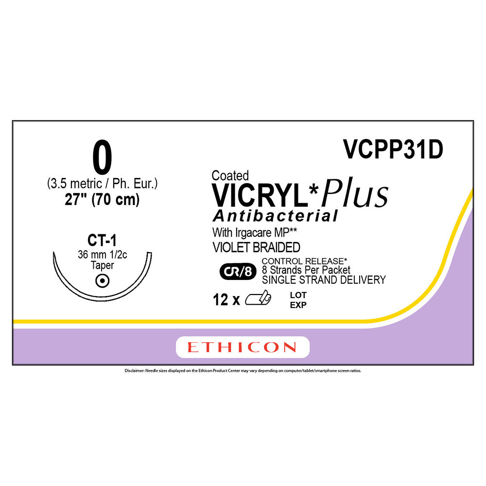 Ethicon COATED VICRYL Plus Antibacterial Suture, Size: 0, Needle: CT-1, VIOLET, 12/bx. MPN: VCPP31D