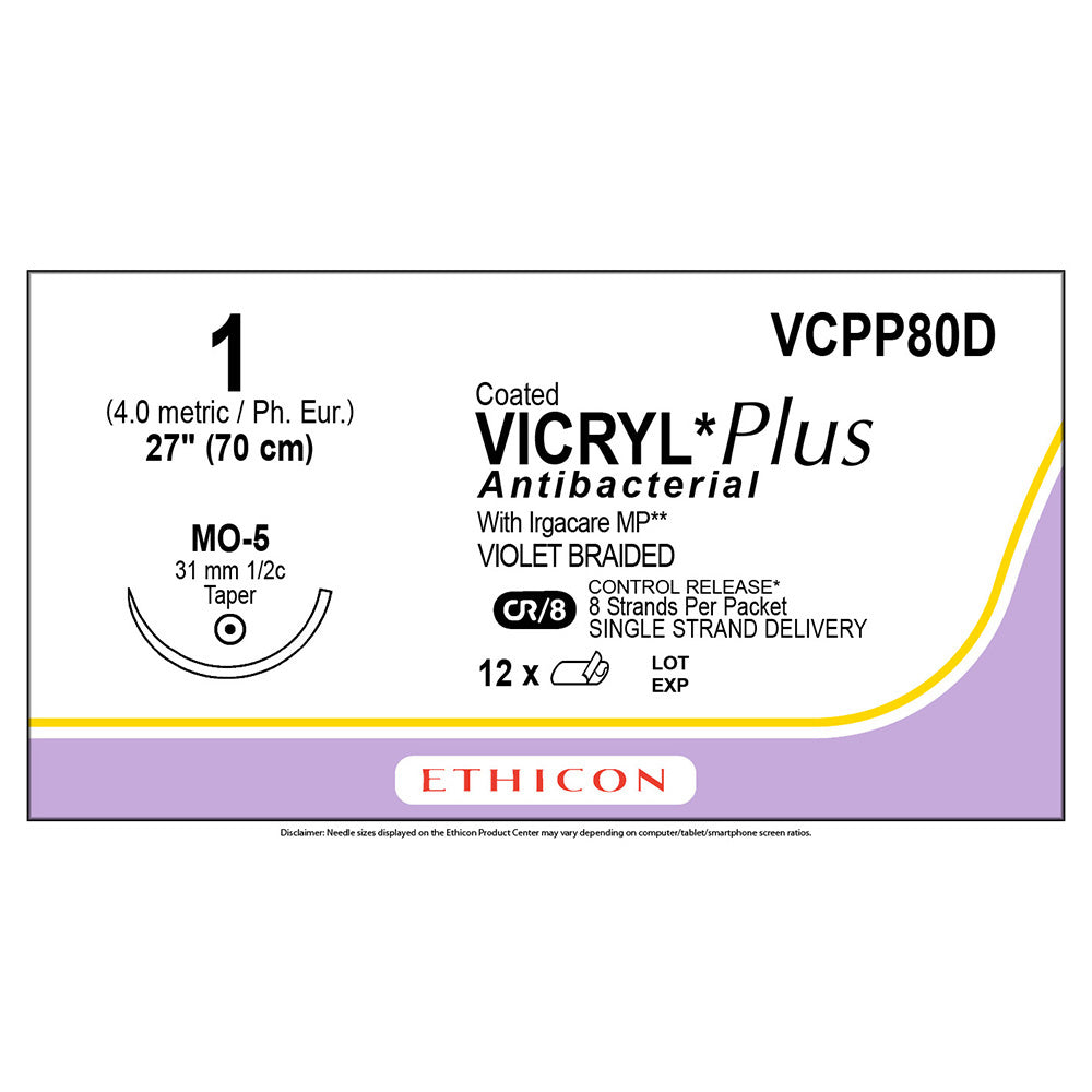 Ethicon COATED VICRYL Plus Antibacterial Suture, Size: 1, Needle: MO-5, VIOLET, 12/bx. MPN: VCPP80D
