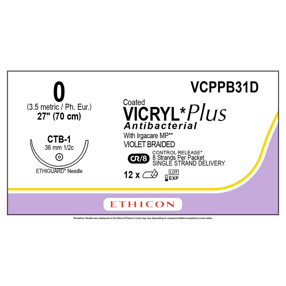 Ethicon COATED VICRYL Plus Antibacterial Suture, Size: 0, Needle: CTB-1, VIOLET, 12/bx. MPN: VCPPB31D