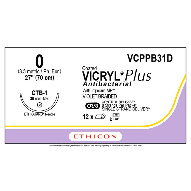 Ethicon COATED VICRYL Plus Antibacterial Suture, Size: 0, Needle: CTB-1, VIOLET, 12/bx. MPN: VCPPB31D