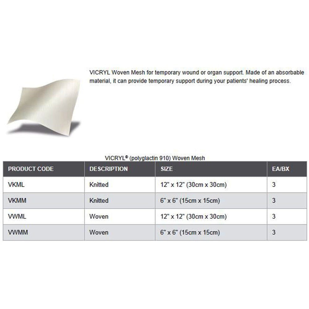 Ethicon VICRYL Mesh Knitted, Flat Mesh, 12" x 12" (30cm x 30cm). MPN: VKML