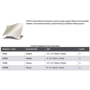 Ethicon VICRYL Mesh Knitted, Flat Mesh, 12" x 12" (30cm x 30cm). MPN: VKML