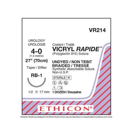 Ethicon VICRYL RAPIDE Suture, Size: 4-0, Needle: RB-1, UNDYED, 12/bx. MPN: VR214