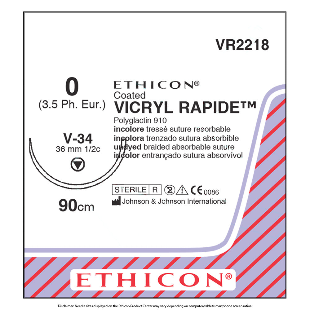 Ethicon VICRYL RAPIDE Suture, Size: 0, Needle: V-34, UNDYED, 12/bx. MPN: VR2218