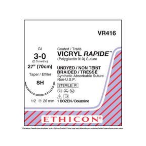Ethicon VICRYL RAPIDE Suture, Size: 3-0, Needle: SH, UNDYED, 12/bx. MPN: VR416
