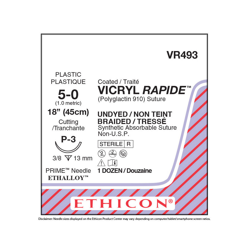 Ethicon VICRYL RAPIDE Suture, Size: 5-0, Needle: P-3, UNDYED, 12/bx. MPN: VR493