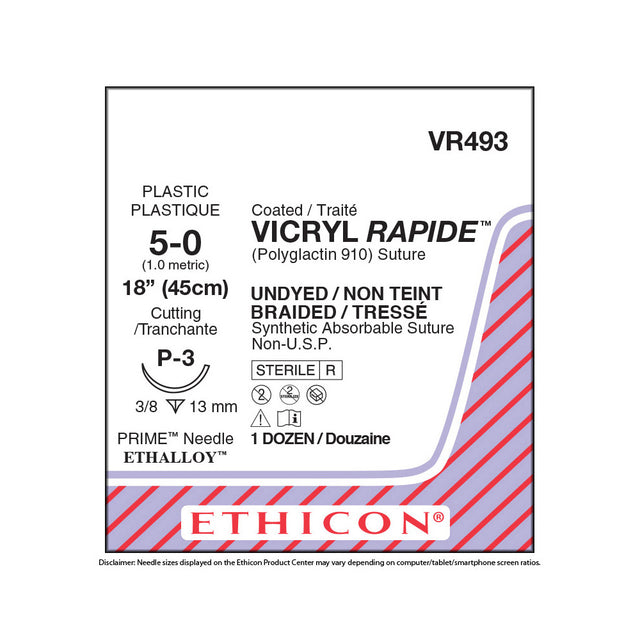 Ethicon VICRYL RAPIDE Suture, Size: 5-0, Needle: P-3, UNDYED, 12/bx. MPN: VR493