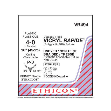 Ethicon VICRYL RAPIDE Suture, Size: 4-0, Needle: P-3, UNDYED, 12/bx. MPN: VR494