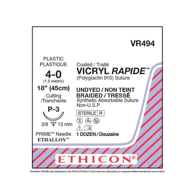 Ethicon VICRYL RAPIDE Suture, Size: 4-0, Needle: P-3, UNDYED, 12/bx. MPN: VR494