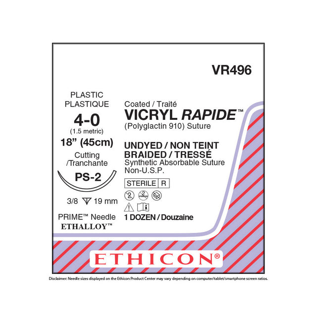 Ethicon VICRYL RAPIDE Suture, Size: 4-0, Needle: PS-2, UNDYED, 12/bx. MPN: VR496
