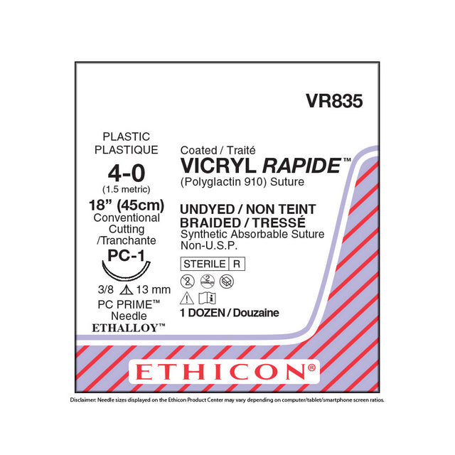 Ethicon VICRYL RAPIDE Suture, Size: 4-0, Needle: PC-1, UNDYED, 12/bx. MPN: VR835