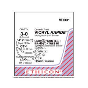 Ethicon VICRYL RAPIDE Suture, Size: 3-0, Needle: CP-1, CT-1, UNDYED, 12/bx. MPN: VR931