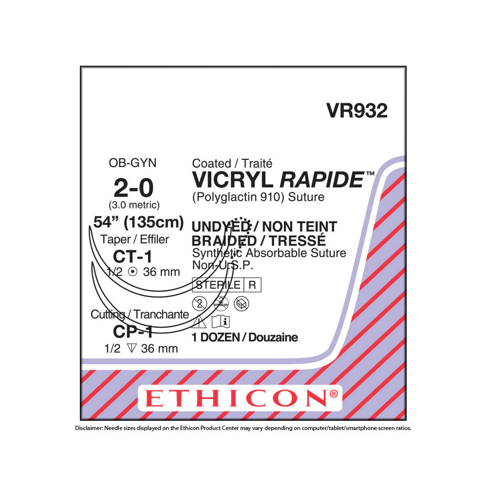 Ethicon VICRYL RAPIDE Suture, Size: 2-0, Needle: CP-1, CT-1, UNDYED, 12/bx. MPN: VR932