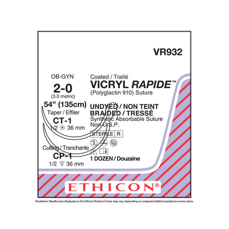 Ethicon VICRYL RAPIDE Suture, Size: 2-0, Needle: CP-1, CT-1, UNDYED, 12/bx. MPN: VR932