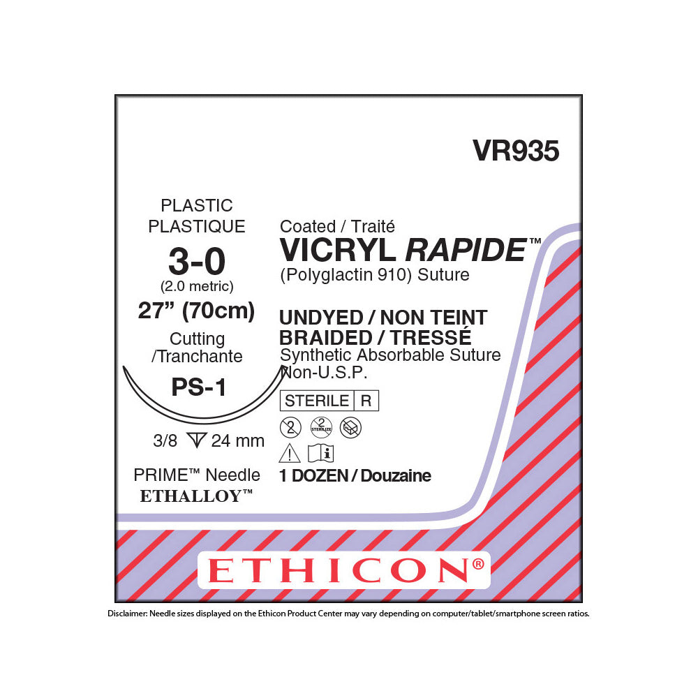 Ethicon VICRYL RAPIDE Suture, Size: 3-0, Needle: PS-1, UNDYED, 12/bx. MPN: VR935