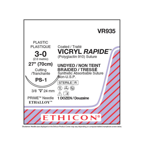 Ethicon VICRYL RAPIDE Suture, Size: 3-0, Needle: PS-1, UNDYED, 12/bx. MPN: VR935