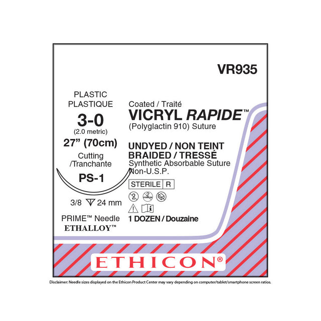Ethicon VICRYL RAPIDE Suture, Size: 3-0, Needle: PS-1, UNDYED, 12/bx. MPN: VR935