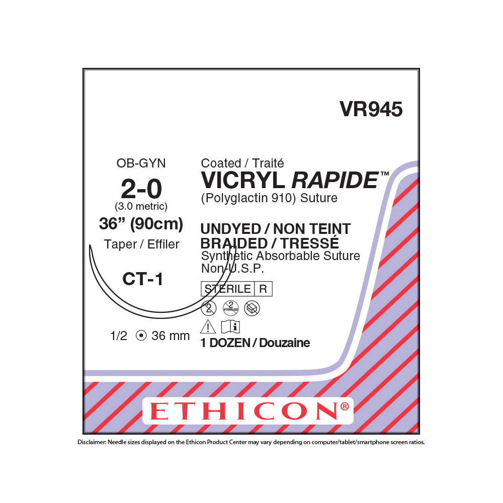 Ethicon VICRYL RAPIDE Suture, Size: 2-0, Needle: CT-1, UNDYED, 12/bx. MPN: VR945