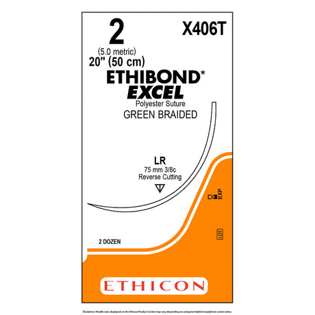 Ethicon ETHIBOND EXCEL Polyester Suture, Size: 2, Needle: LR, GREEN, 24/bx. MPN: X406T
