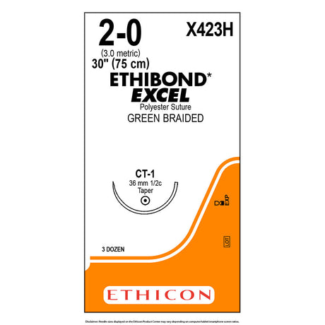 Ethicon ETHIBOND EXCEL Polyester Suture, Size: 2-0, Needle: CT-1, GREEN, 36/bx. MPN: X423H