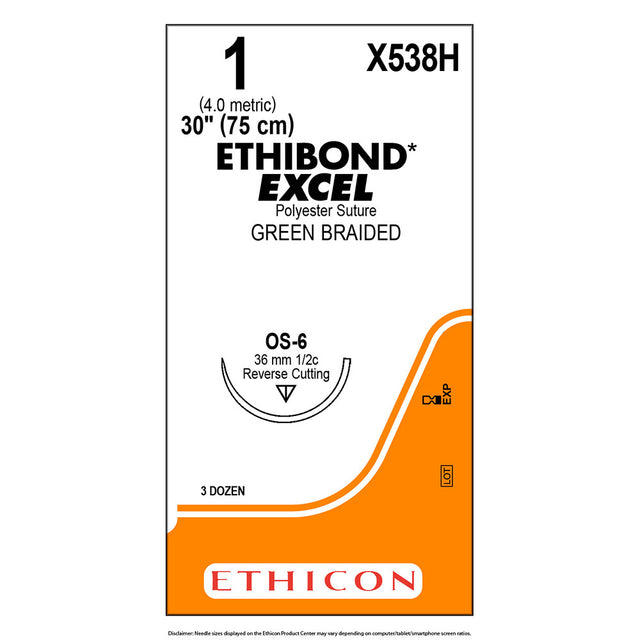 Ethicon ETHIBOND EXCEL Polyester Suture, Size: 1, Needle: OS-6, GREEN, 36/bx. MPN: X538H
