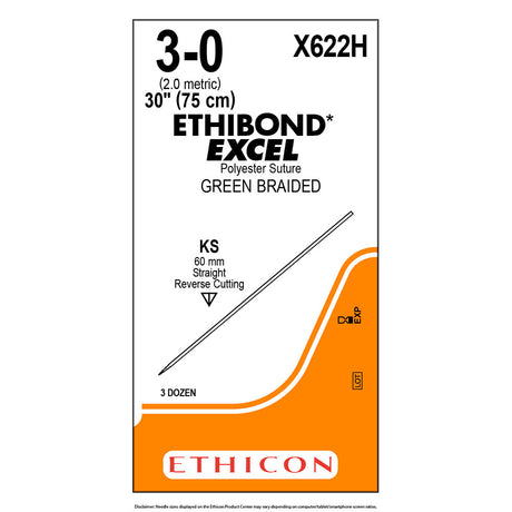Ethicon ETHIBOND EXCEL Polyester Suture, Size: 3-0, Needle: KS, GREEN, 36/bx. MPN: X622H