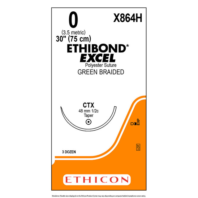 Ethicon ETHIBOND EXCEL Polyester Suture, Size: 0, Needle: CTX, GREEN, 36/bx. MPN: X864H
