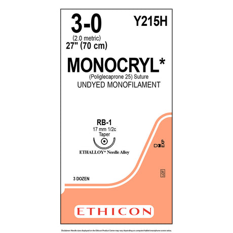 Ethicon MONOCRYL Suture, Size: 3-0, Needle: RB-1, UNDYED, 36/bx. MPN: Y215H