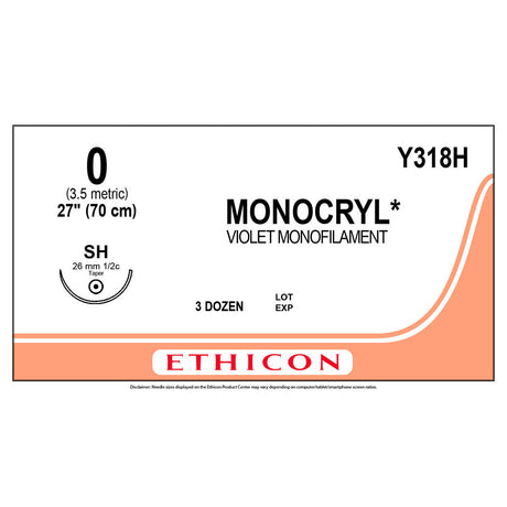 Ethicon MONOCRYL Suture, Size: 0, Needle: SH, VIOLET, 36/bx. MPN: Y318H
