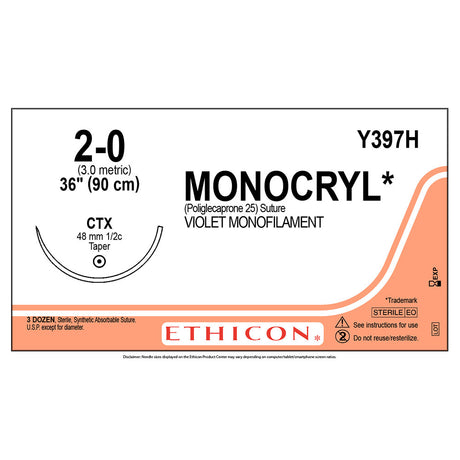 Ethicon MONOCRYL Suture, Size: 2-0, Needle: CTX, VIOLET, 36/bx. MPN: Y397H