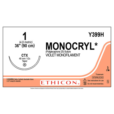 Ethicon MONOCRYL Suture, Size: 1, Needle: CTX, VIOLET, 36/bx. MPN: Y399H