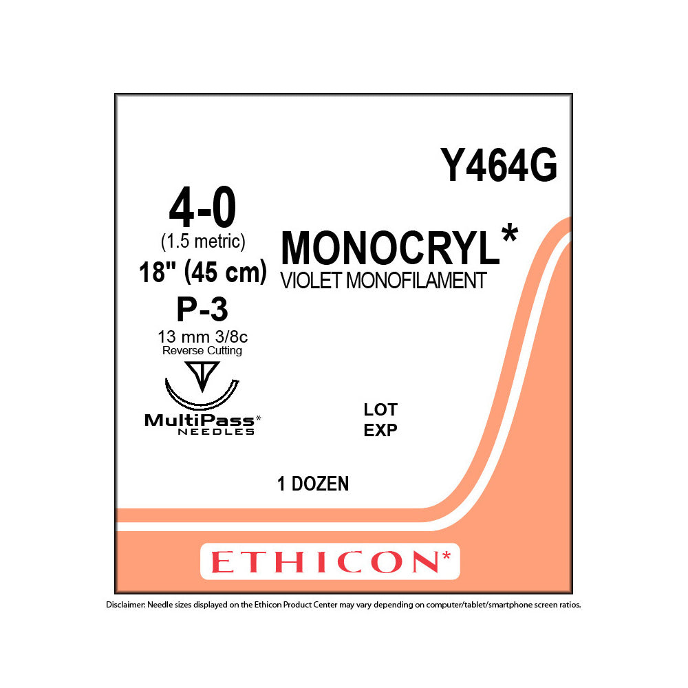 Ethicon MONOCRYL Suture, Size: 4-0, Needle: P-3, VIOLET, 12/bx. MPN: Y464G