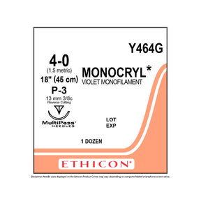 Ethicon MONOCRYL Suture, Size: 4-0, Needle: P-3, VIOLET, 12/bx. MPN: Y464G