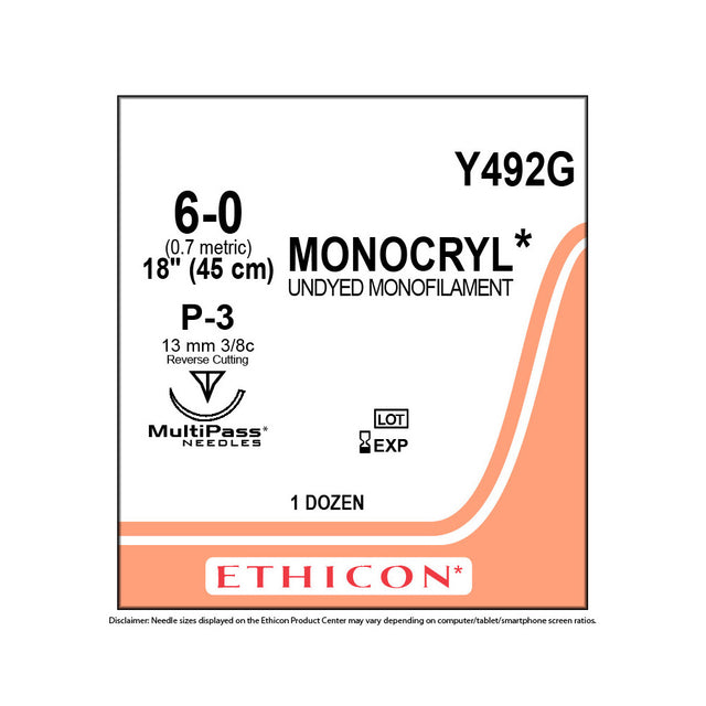 Ethicon MONOCRYL Suture, Size: 6-0, Needle: P-3, UNDYED, 12/bx. MPN: Y492G