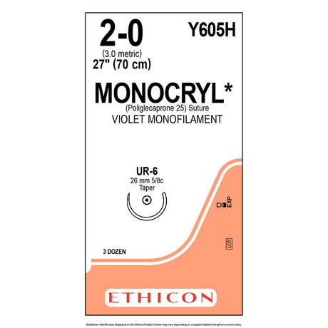 Ethicon MONOCRYL Suture, Size: 2-0, Needle: UR-6, VIOLET, 36/bx. MPN: Y605H