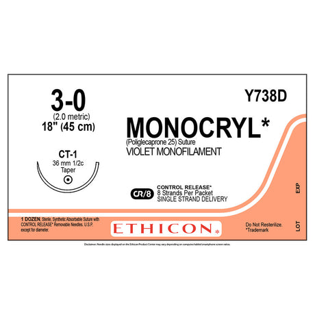 Ethicon MONOCRYL Suture, Size: 3-0, Needle: CT-1, VIOLET, 12/bx. MPN: Y738D