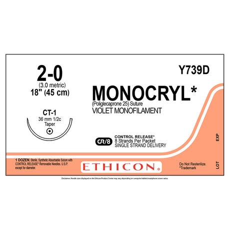 Ethicon MONOCRYL Suture, Size: 2-0, Needle: CT-1, VIOLET, 12/bx. MPN: Y739D