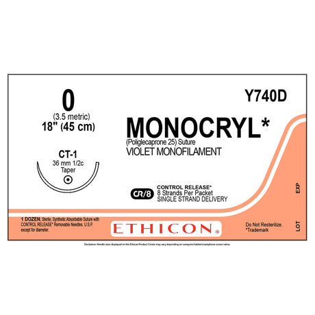 Ethicon MONOCRYL Suture, Size: 0, Needle: CT-1, VIOLET, 12/bx. MPN: Y740D