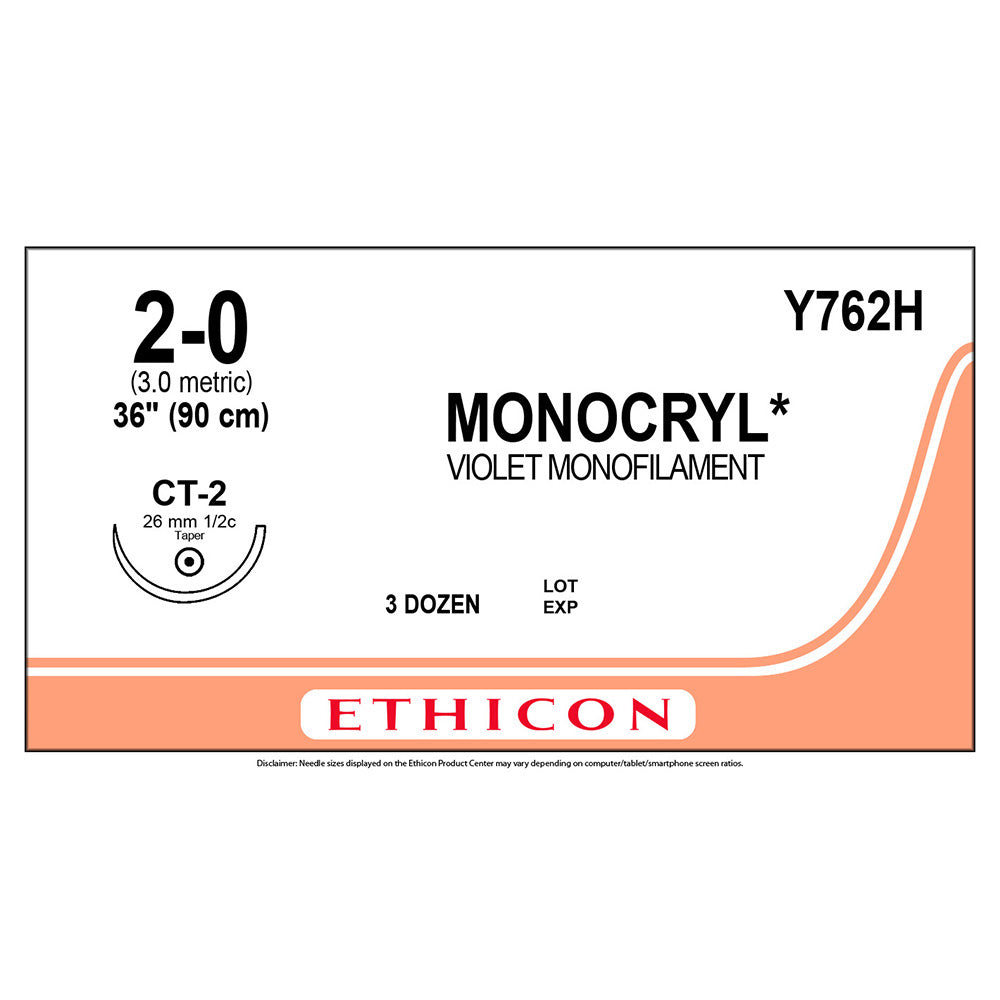 Ethicon MONOCRYL Suture, Size: 2-0, Needle: CT-2, VIOLET, 36/bx. MPN: Y762H