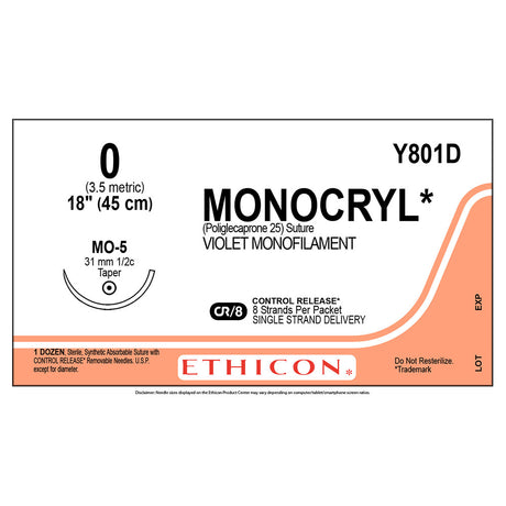Ethicon MONOCRYL Suture, Size: 0, Needle: MO-5, VIOLET, 12/bx. MPN: Y801D