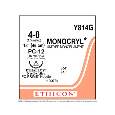 Ethicon MONOCRYL Suture, Size: 4-0, Needle: PC-12, UNDYED, 12/bx. MPN: Y814G