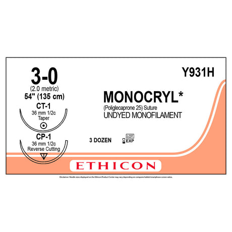 Ethicon MONOCRYL Suture, Size: 3-0, Needle: CP-1, CT-1, UNDYED, 36/bx. MPN: Y931H