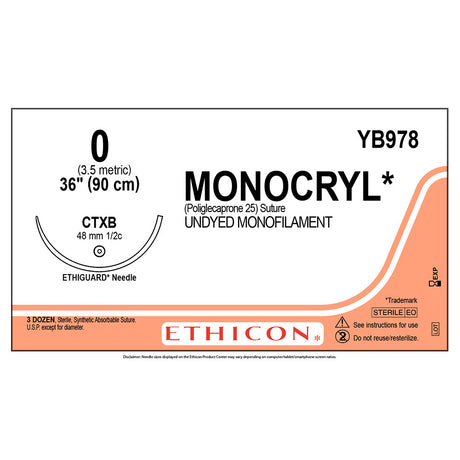 Ethicon MONOCRYL Suture, Size: 0, Needle: CTXB, UNDYED, 36/bx. MPN: YB978H