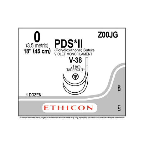 Ethicon PDS II Suture, Size: 0, Needle: V-38, V-38, VIOLET, 12/bx. MPN: Z00JG