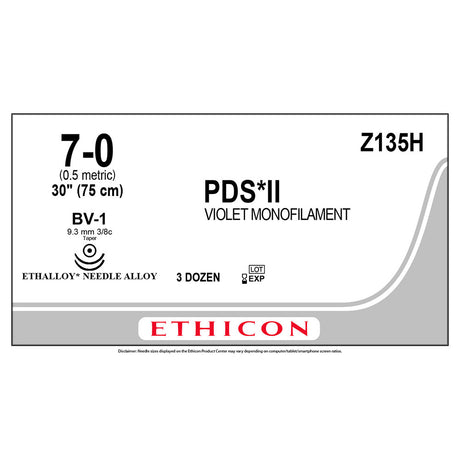 Ethicon PDS II Suture, Size: 7-0, Needle: BV-1, BV-1, VIOLET, 36/bx. MPN: Z135H