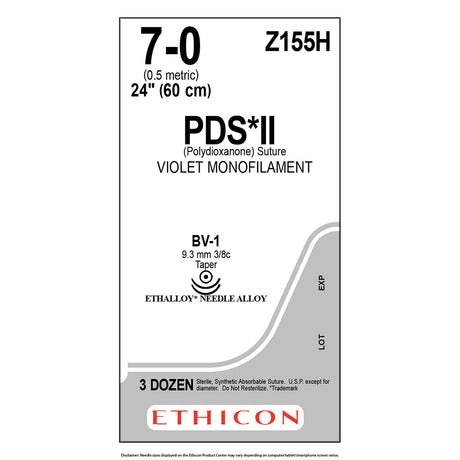 Ethicon PDS II Suture, Size: 7-0, Needle: BV-1, BV-1, VIOLET, 36/bx. MPN: Z155H
