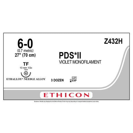 Ethicon PDS II Suture, Size: 6-0, Needle: TF, VIOLET, 36/bx. MPN: Z432H