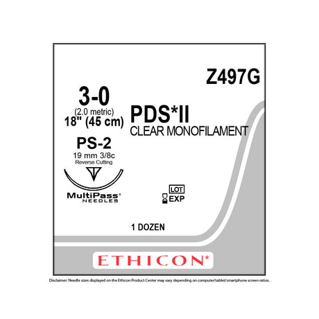 Ethicon PDS II Suture, Size: 3-0, Needle: PS-2, UNDYED, 12/bx. MPN: Z497G