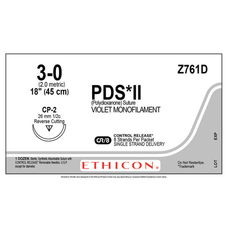 Ethicon PDS II Suture, Size: 3-0, Needle: CP-2, VIOLET, 12/bx. MPN: Z761D
